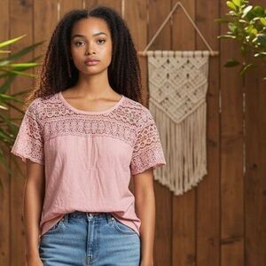 J.Crew Pink Linen Lace Short Sleeve Blouse Size 4